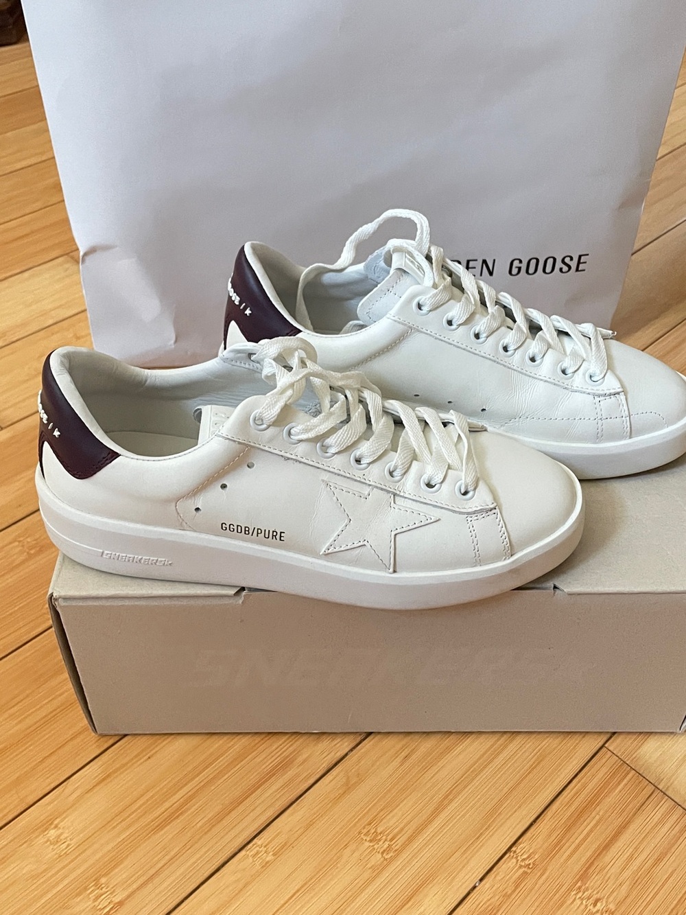 Golden Goose White Leather Sneakers with Burgundy Heel